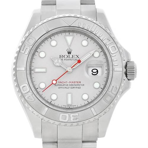 This image shows a front view of a Rolex Yacht-Master 16622 Men's Stainless Steel Silver Dial 16622 Men's Stainless Steel Silver Dial watch, featuring its bezel, dial, hands, date window, and stainless steel bracelet.