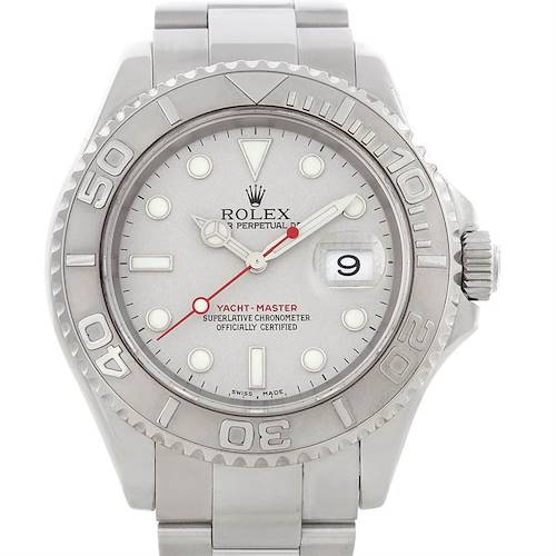 The image shows a front view of a Rolex Yacht-Master 16622 Men's Stainless Steel Silver Dial 16622 Men's Stainless Steel Silver Dial watch, highlighting its face, bezel, and crown.