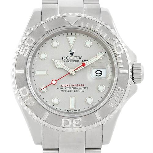 This image shows a close-up of the Rolex Yacht-Master 16622 Men's Stainless Steel Silver Dial 16622 Men's Stainless Steel Silver Dial watch, highlighting the dial, bezel, and part of the stainless steel bracelet.