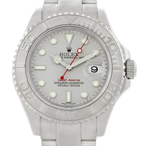 The image shows a front view of a Rolex Yacht-Master 16622 Men's Stainless Steel Silver Dial 16622 Men's Stainless Steel Silver Dial watch, highlighting its face, bezel, and part of the bracelet.