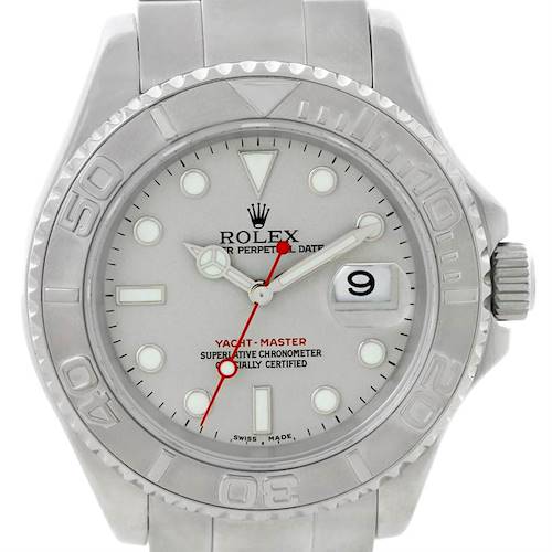 The image shows a front view of the Rolex Yacht-Master 16622 Men's Stainless Steel Silver Dial 16622 Men's Stainless Steel Silver Dial watch, displaying its dial, hands, bezel, and bracelet.