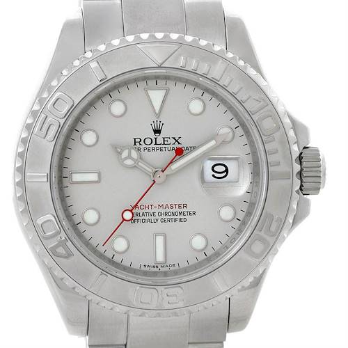 The image shows a front view of the Rolex Yacht-Master 16622 Men's Stainless Steel Silver Dial 16622 Men's Stainless Steel Silver Dial watch, highlighting its dial, bezel, crown, and part of the bracelet.