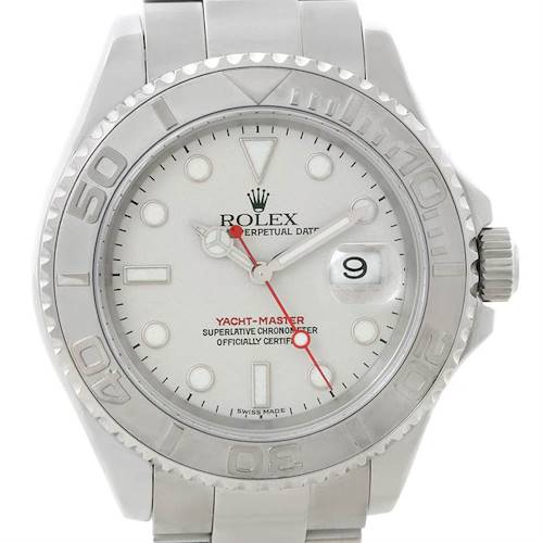 This image shows the front view of the Rolex Yacht-Master 16622 Men's Stainless Steel Silver Dial 16622 Men's Stainless Steel Silver Dial watch, displaying its face, bezel, and crown.