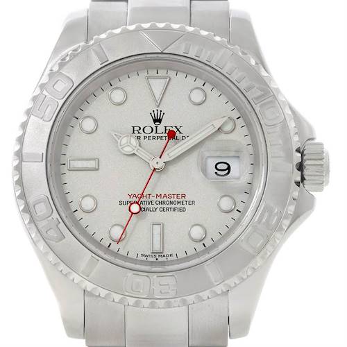 The image shows a front view of a Rolex Yacht-Master 16622 Men's Stainless Steel Silver Dial 16622 Men's Stainless Steel Silver Dial watch, displaying its dial, bezel, crown, and bracelet.