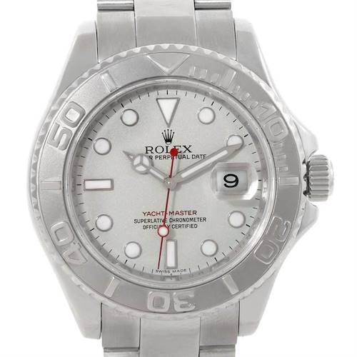 This image shows a frontal view of a Rolex Yacht-Master 16622 Men's Stainless Steel Silver Dial 16622 Men's Stainless Steel Silver Dial watch, highlighting the face, bezel, crown, and bracelet.