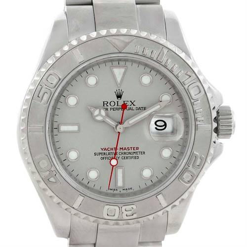 The Rolex Yacht-Master 16622 Men's Stainless Steel Silver Dial 16622 Men's Stainless Steel Silver Dial watch is shown from a frontal angle, displaying the dial, bezel, and bracelet.