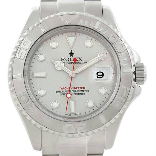 This image shows the front view of the Rolex Yacht-Master 16622 Men's Stainless Steel Silver Dial 16622 Men's Stainless Steel Silver Dial watch, including the dial, hands, bezel, and part of the bracelet.