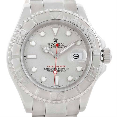 The image shows a frontal view of the Rolex Yacht-Master 16622 Men's Stainless Steel Silver Dial 16622 Men's Stainless Steel Silver Dial watch, highlighting the dial, bezel, hands, and bracelet.