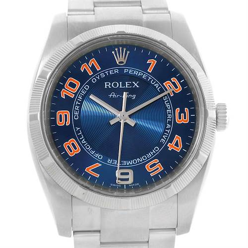 The image shows a frontal view of the Rolex Air-King 114210 Men's Stainless Steel Blue Dial 114210 Men's Stainless Steel Blue Dial watch, highlighting its blue dial, numeral markers, and stainless steel bracelet.