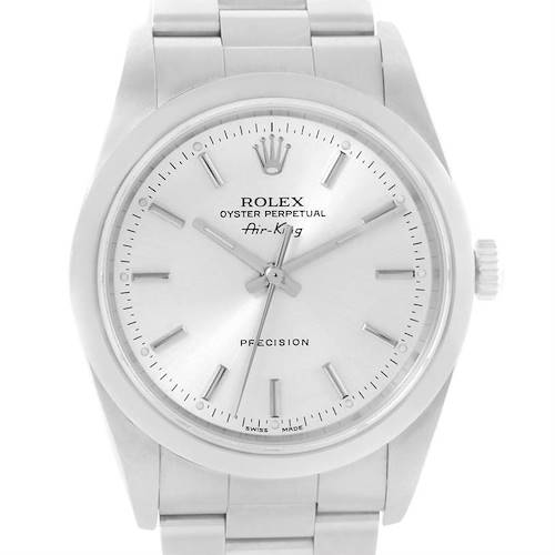 The image shows a front view of the Rolex Air-King 14000 Men's Stainless Steel Silver Dial 14000 Men's Stainless Steel Silver Dial watch, highlighting its dial, case, bezel, and bracelet.