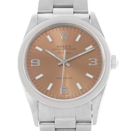 The image shows a Rolex Air-King 14000 Men's Stainless Steel Pink Dial 14000 Men's Stainless Steel Pink Dial watch from a front angle, displaying the face, crown, and part of the band.