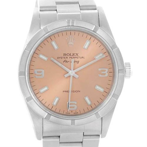 The image shows a front view of a Rolex Air-King 14010 Stainless Steel Pink Dial 14010 Stainless Steel Pink Dial watch, highlighting the face, dial, hands, and bracelet.