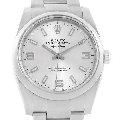 The image shows a front view of a Rolex Air-King 114200 Men's Stainless Steel Silver Dial 114200 Men's Stainless Steel Silver Dial watch, displaying the dial, crown, and part of the bracelet.