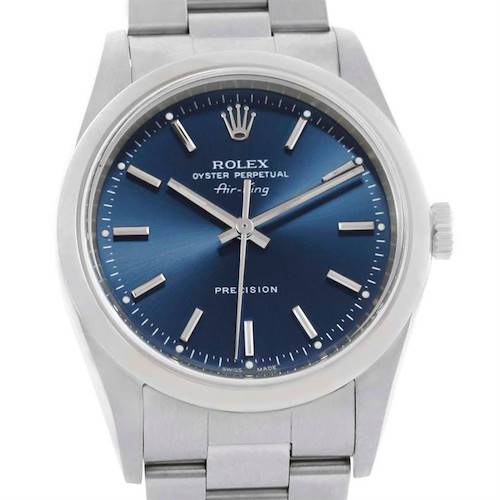 This image shows a front close-up of the Rolex Air-King 14000 Men's Stainless Steel Blue Dial 14000 Men's Stainless Steel Blue Dial watch, highlighting its face, crown, and part of the bracelet.