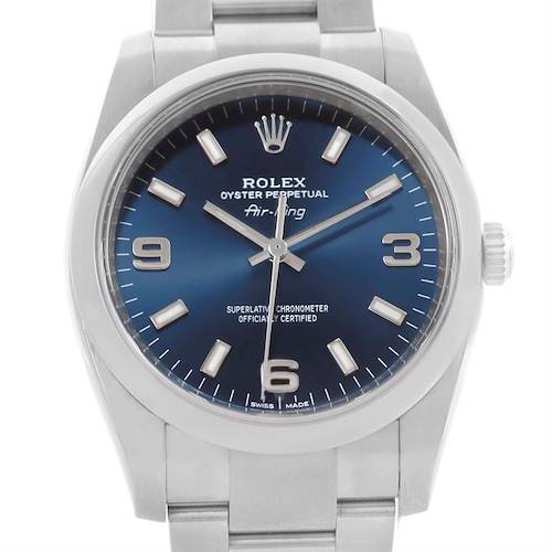 This image shows a front view of the Rolex Air-King 114200 Men's Stainless Steel Blue Dial 114200 Men's Stainless Steel Blue Dial watch, highlighting its dial and bracelet.