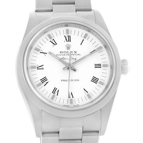 The image depicts a front view of the Rolex Air-King 14000 Men's Stainless Steel White Dial 14000 Men's Stainless Steel White Dial watch, highlighting its dial, bezel, and bracelet.