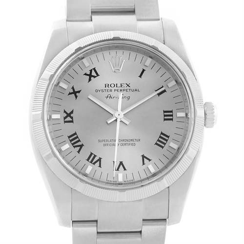 The image shows a front view of the Rolex Air-King 114210 Men's Stainless Steel Silver Dial 114210 Men's Stainless Steel Silver Dial watch, highlighting the face, bezel, crown, and a partial view of the bracelet.
