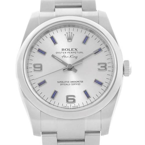 This image shows a front view of a Rolex Air-King 114200 Men's Stainless Steel Silver Dial 114200 Men's Stainless Steel Silver Dial watch, highlighting the dial, hands, crown, and bracelet.