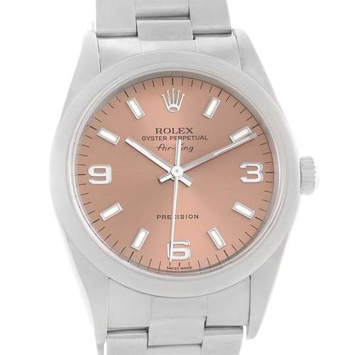 This image shows a front view of the Rolex Air-King 14000 Men's Stainless Steel Pink Dial 14000 Men's Stainless Steel Pink Dial watch, highlighting its dial, hands, markers, and bracelet.