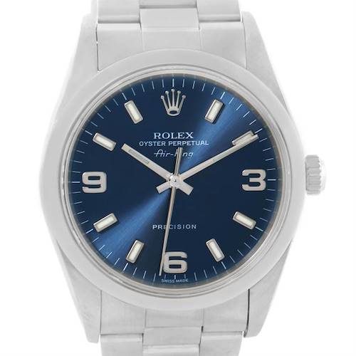 The image shows a front view of a Rolex Air-King 14000 Men's Stainless Steel Blue Dial 14000 Men's Stainless Steel Blue Dial watch, displaying the dial, hands, crown, and part of the bracelet.