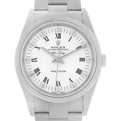 This image shows a frontal view of a Rolex Air-King 14000 Men's Stainless Steel White Dial 14000 Men's Stainless Steel White Dial watch, displaying the dial, hands, bezel, and part of the bracelet.