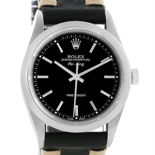 This image shows a front view of a Rolex Air-King 14000 Men's Stainless Steel Black Dial 14000 Men's Stainless Steel Black Dial watch, displaying its black dial, silver hands, and hour markers, along with a leather strap.