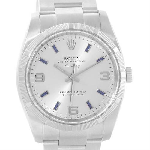 The image shows the front view of a Rolex Air-King 114210 Men's Stainless Steel Silver Dial 114210 Men's Stainless Steel Silver Dial watch, featuring its dial, bezel, case, and part of the bracelet.