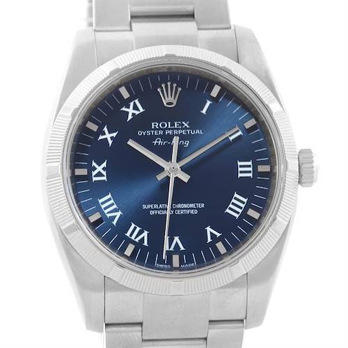 The image shows a front view of a Rolex Air-King 114200BLRO Men's Stainless Steel Blue Dial 114200BLRO Men's Stainless Steel Blue Dial watch, displaying the dial, bezel, and part of the bracelet.