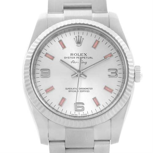 The image shows a front view of the Rolex Air-King 114234SAPSO Men's Stainless Steel Silver Dial 114234SAPSO Men's Stainless Steel Silver Dial watch featuring its dial, bezel, and part of the bracelet.