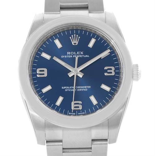 This image shows a front view of the Rolex Air-King 114200BLASO Men's Stainless Steel Blue Dial 114200BLASO Men's Stainless Steel Blue Dial watch, focusing on the dial, hands, and part of the bracelet.