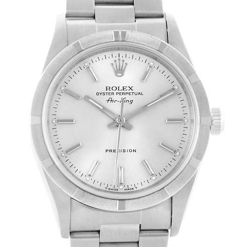 This Rolex Air-King 14010 Men's Stainless Steel Silver Dial 14010 Men's Stainless Steel Silver Dial watch is shown from a front angle, displaying its dial, bezel, crown, and part of its bracelet.