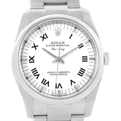 The image shows a front view of a Rolex Air-King 114200 Stainless Steel White Dial 114200 Stainless Steel White Dial watch, highlighting its white dial with Roman numerals, and the Oyster bracelet.