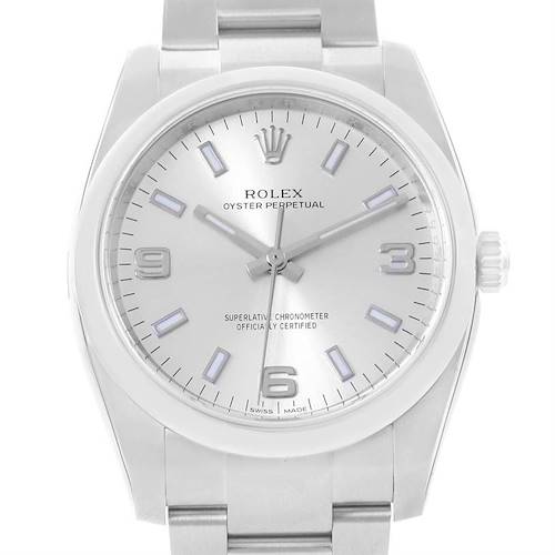 The image shows a front view of the Rolex Air-King 114200 Men's Stainless Steel Silver Dial 114200 Men's Stainless Steel Silver Dial watch, highlighting the dial, crown, and bracelet.
