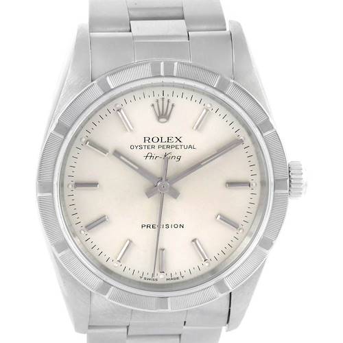 The image shows a front view of the Rolex Air-King 14010 Men's Stainless Steel Silver Dial 14010 Men's Stainless Steel Silver Dial watch, highlighting the dial, hour markers, hands, and bracelet.