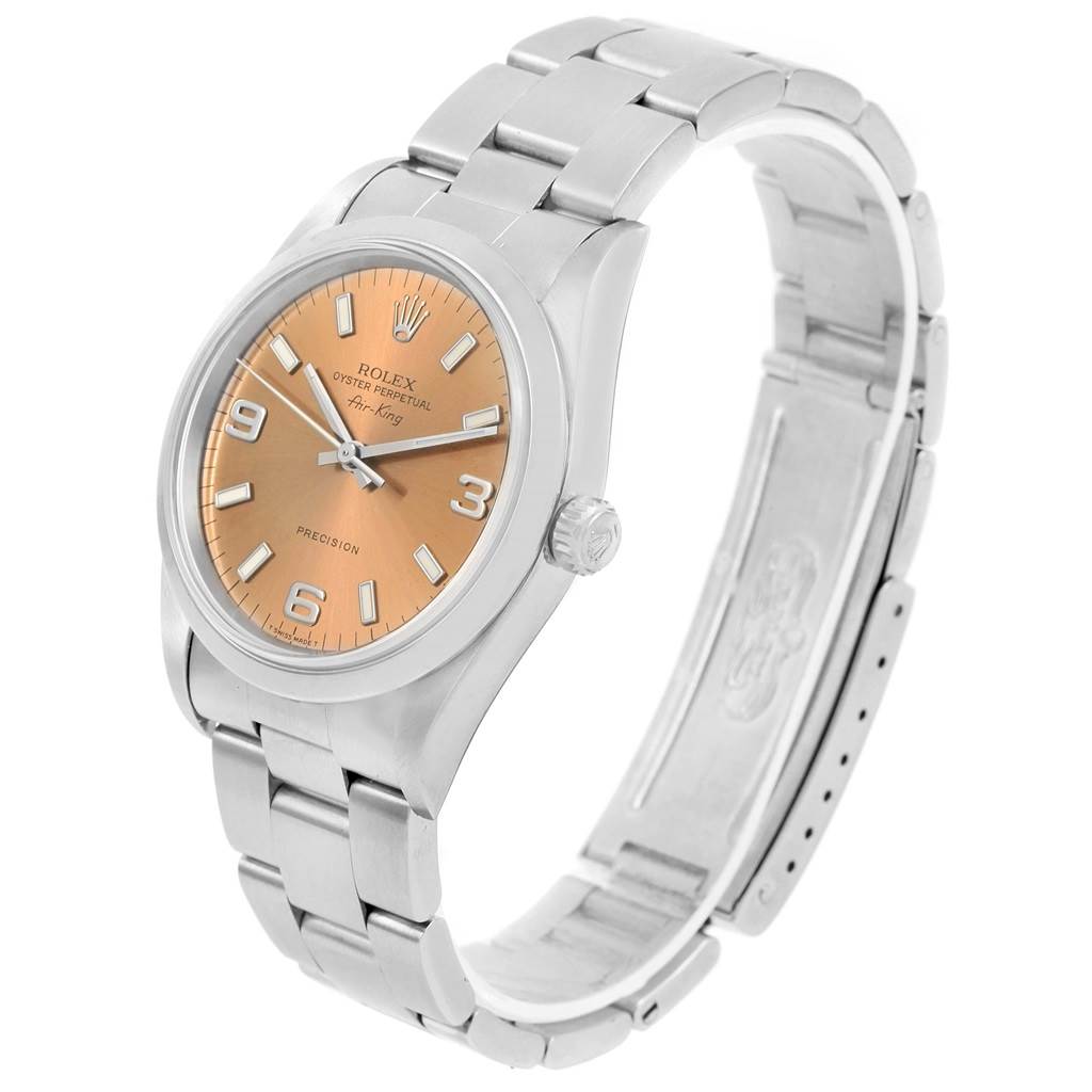 The image shows a Rolex Air-King 14000 Men's Stainless Steel Pink Dial 14000 Men's Stainless Steel Pink Dial watch viewed from an angled side, highlighting its dial, bracelet, and clasp.