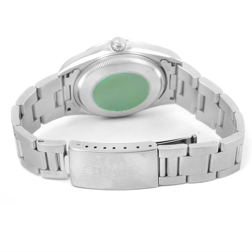 This image shows the back and bracelet clasp of a Rolex Air-King 14000 Men's Stainless Steel Pink Dial 14000 Men's Stainless Steel Pink Dial watch at a slight angle from the rear.