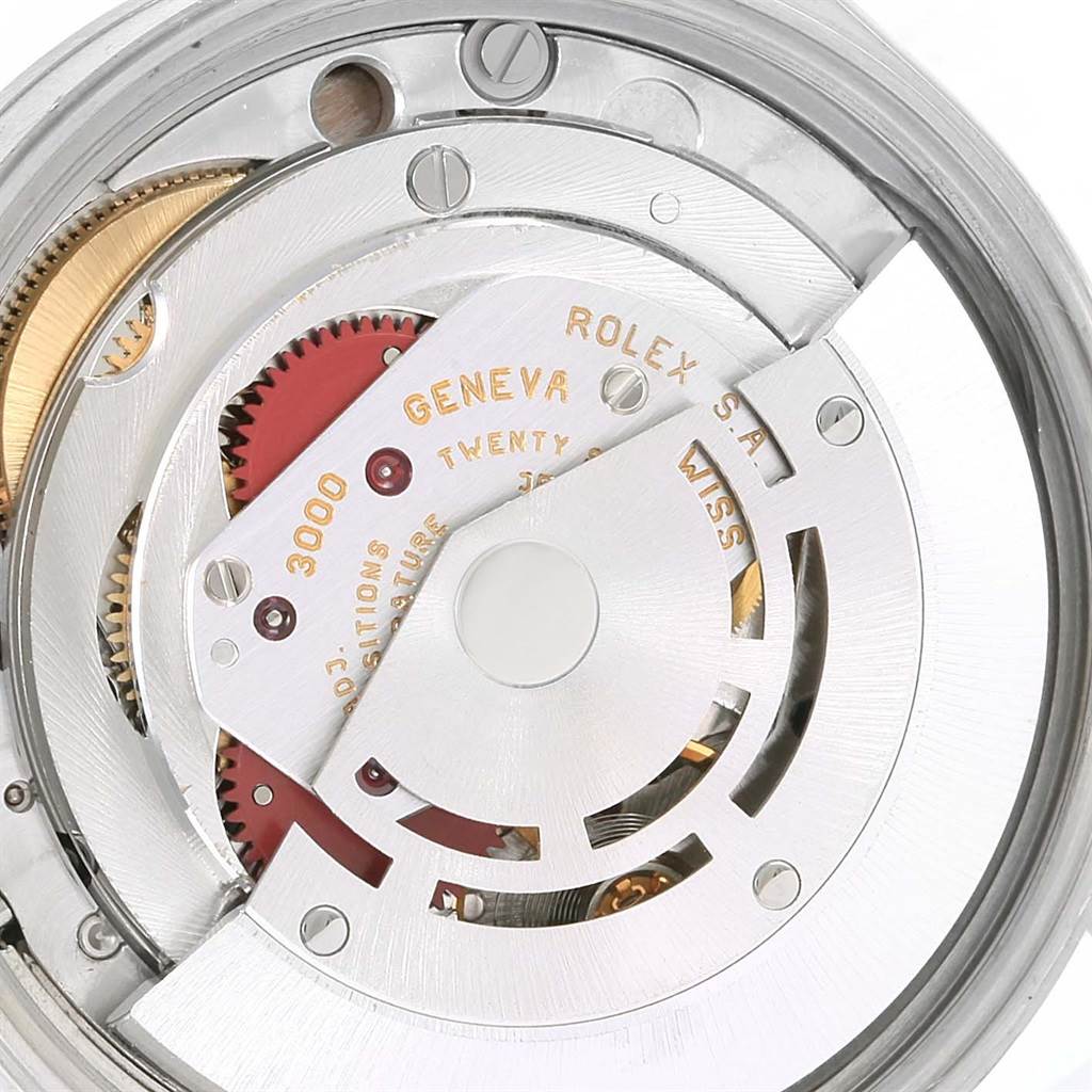 The image shows the mechanical movement and internal components of the Rolex Air-King 14000 Men's Stainless Steel Pink Dial 14000 Men's Stainless Steel Pink Dial watch from a close-up angle.