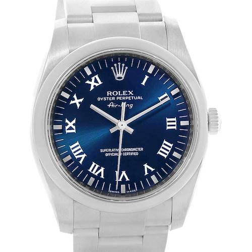 The image shows a Rolex Air-King 114200 Men's Stainless Steel Blue Dial 114200 Men's Stainless Steel Blue Dial watch from a front angle, displaying its blue dial, Roman numerals, and stainless steel bracelet.