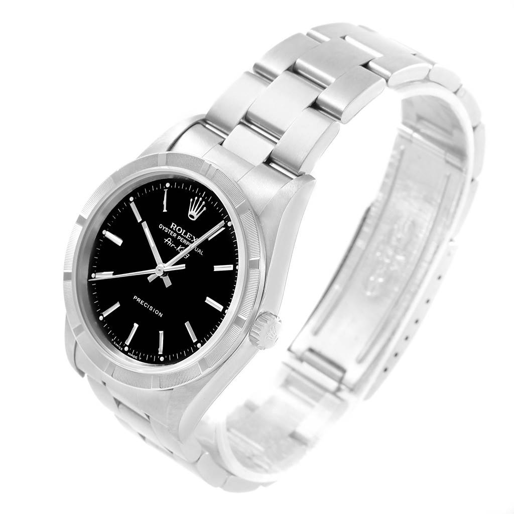 The image shows a side angle of the Rolex Air-King 14010 Men's Stainless Steel Black Dial 14010 Men's Stainless Steel Black Dial watch highlighting its face, bezel, and bracelet.