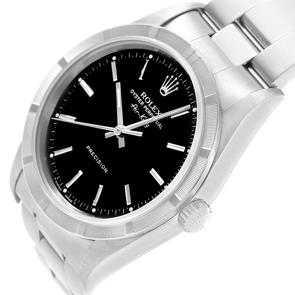 The image shows a slightly angled top view of a Rolex Air-King 14010 Men's Stainless Steel Black Dial 14010 Men's Stainless Steel Black Dial watch, highlighting its face, case, and partial bracelet.