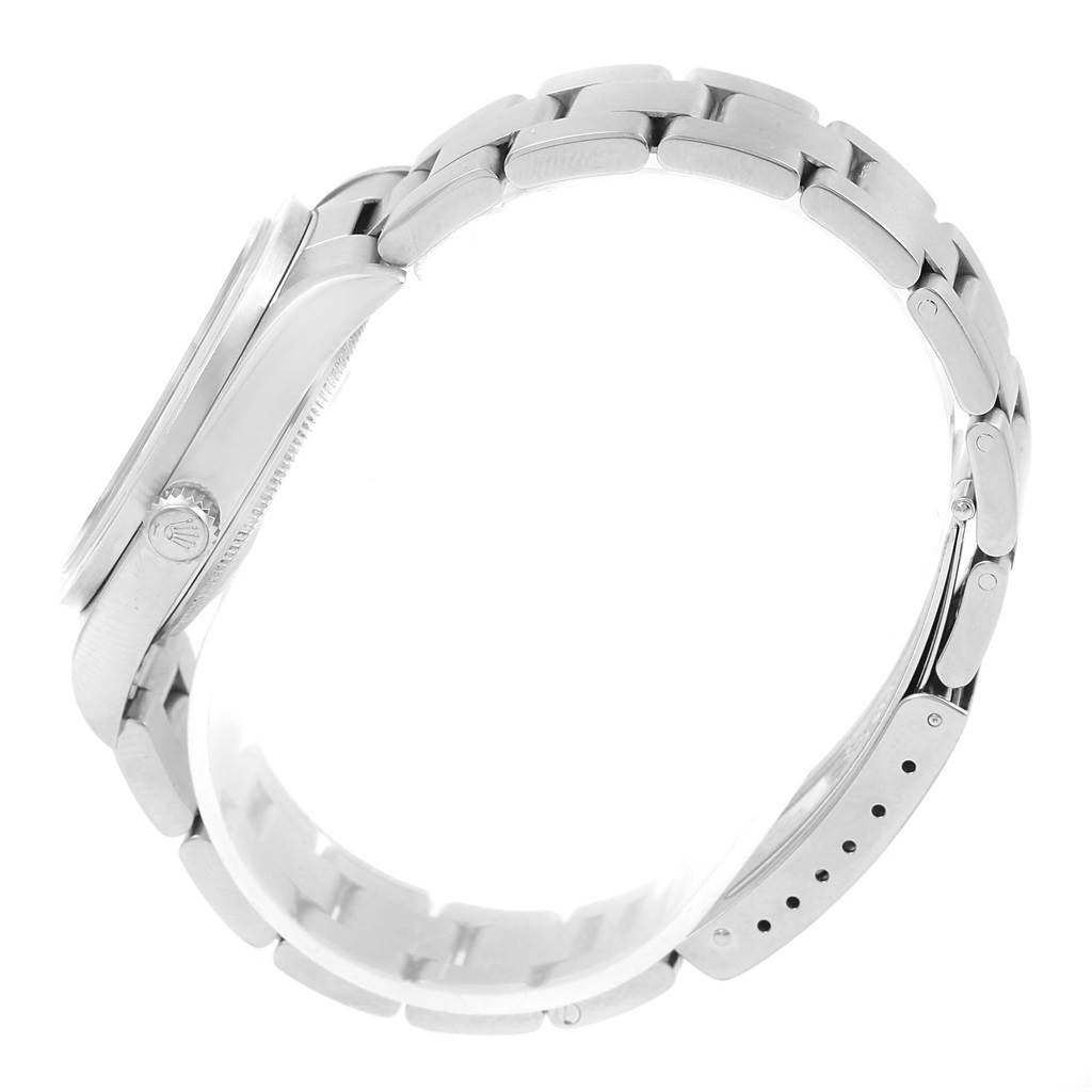 The image shows a side view of a Rolex Air-King 14010 Men's Stainless Steel Black Dial 14010 Men's Stainless Steel Black Dial watch, focusing on the case, crown, and bracelet.