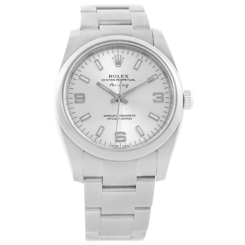 The image shows a front view of a Rolex Air-King 114200 Men's Stainless Steel Silver Dial 114200 Men's Stainless Steel Silver Dial watch, highlighting its dial, case, and bracelet.