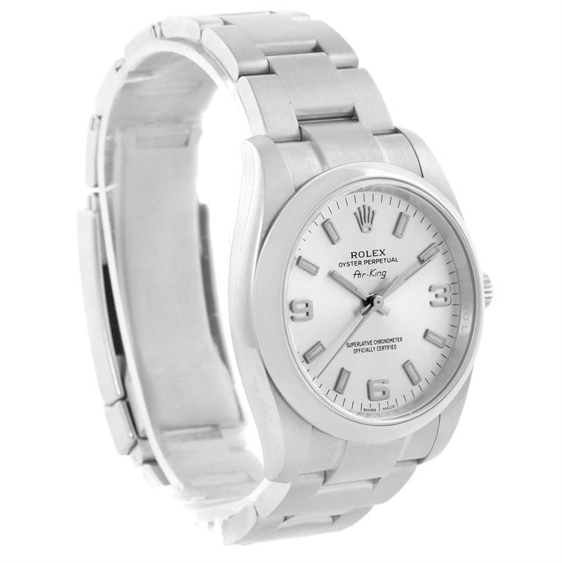 The image shows a side and slight angle view of a Rolex Air-King 114200 Men's Stainless Steel Silver Dial 114200 Men's Stainless Steel Silver Dial watch featuring its face, bezel, and part of the bracelet.