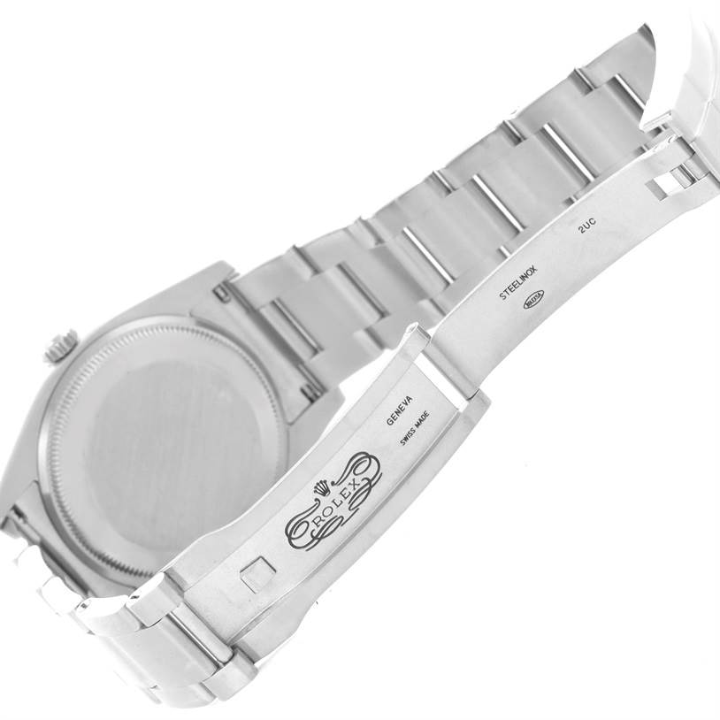 The image shows the back and partially open clasp of a Rolex Air-King 114200 Men's Stainless Steel Silver Dial 114200 Men's Stainless Steel Silver Dial watch.
