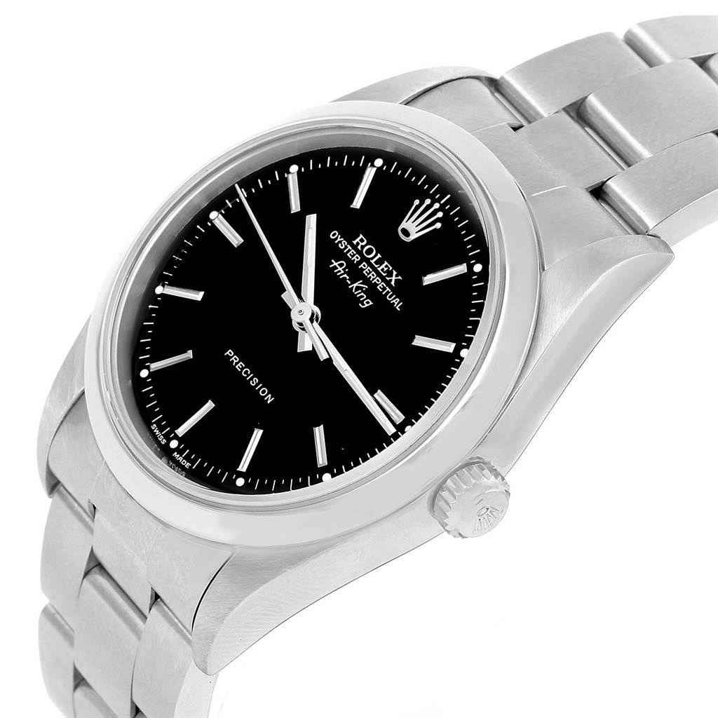 This image shows a close-up angle of the Rolex Air-King 14000 Men's Stainless Steel Black Dial 14000 Men's Stainless Steel Black Dial watch displaying its face, casing, and part of the metal bracelet.