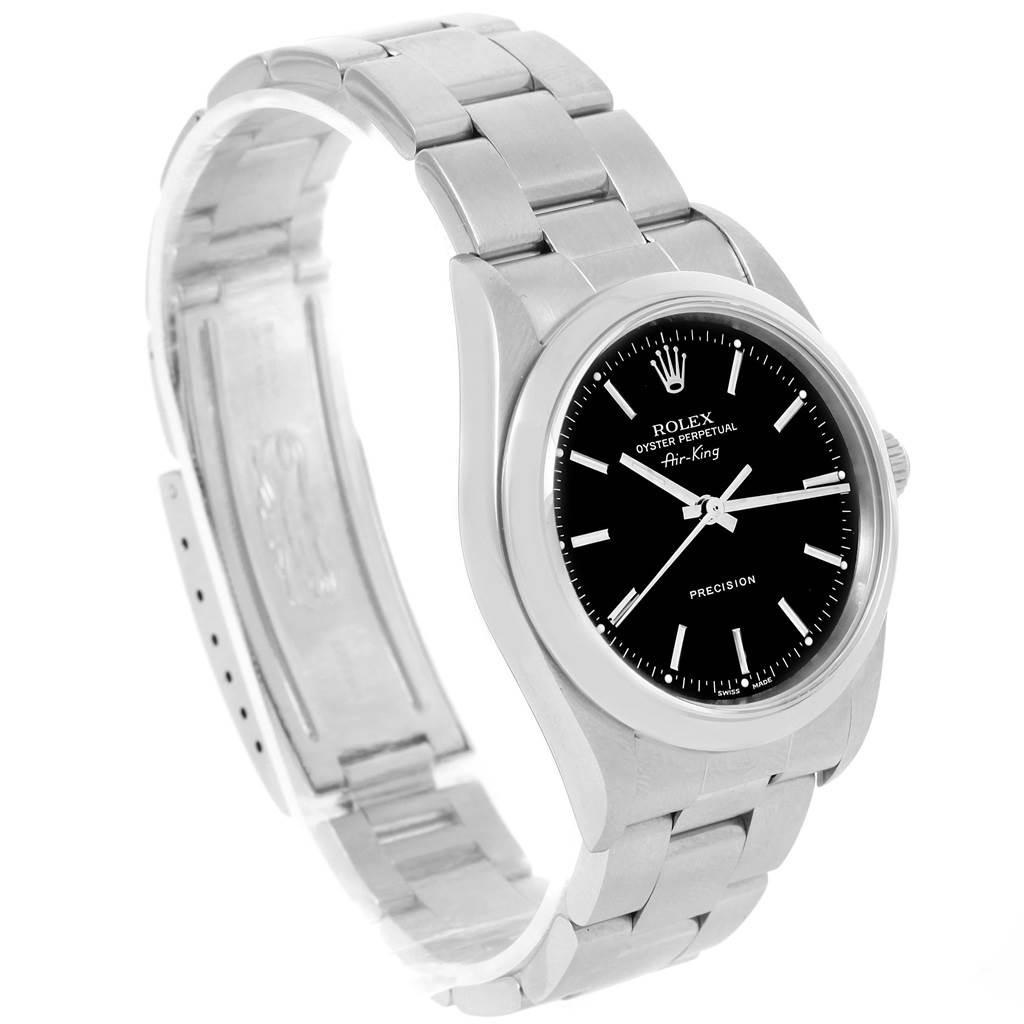 The image shows a Rolex Air-King 14000 Men's Stainless Steel Black Dial 14000 Men's Stainless Steel Black Dial watch at a side angle, displaying the black dial, bracelet, and clasp.