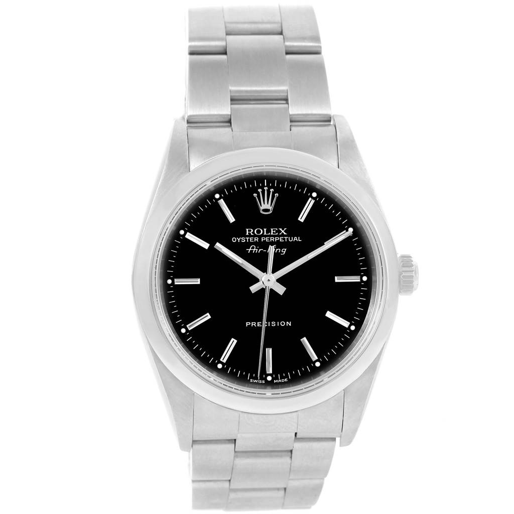 This Rolex Air-King 14000 Men's Stainless Steel Black Dial 14000 Men's Stainless Steel Black Dial watch is shown from a front angle, displaying the entire dial, bezel, and metal bracelet.