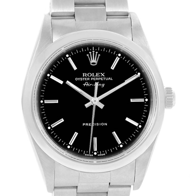The image shows a front view of a Rolex Air-King 14000 Men's Stainless Steel Black Dial 14000 Men's Stainless Steel Black Dial watch, highlighting its black dial, silver hands, indices, and metal bracelet.