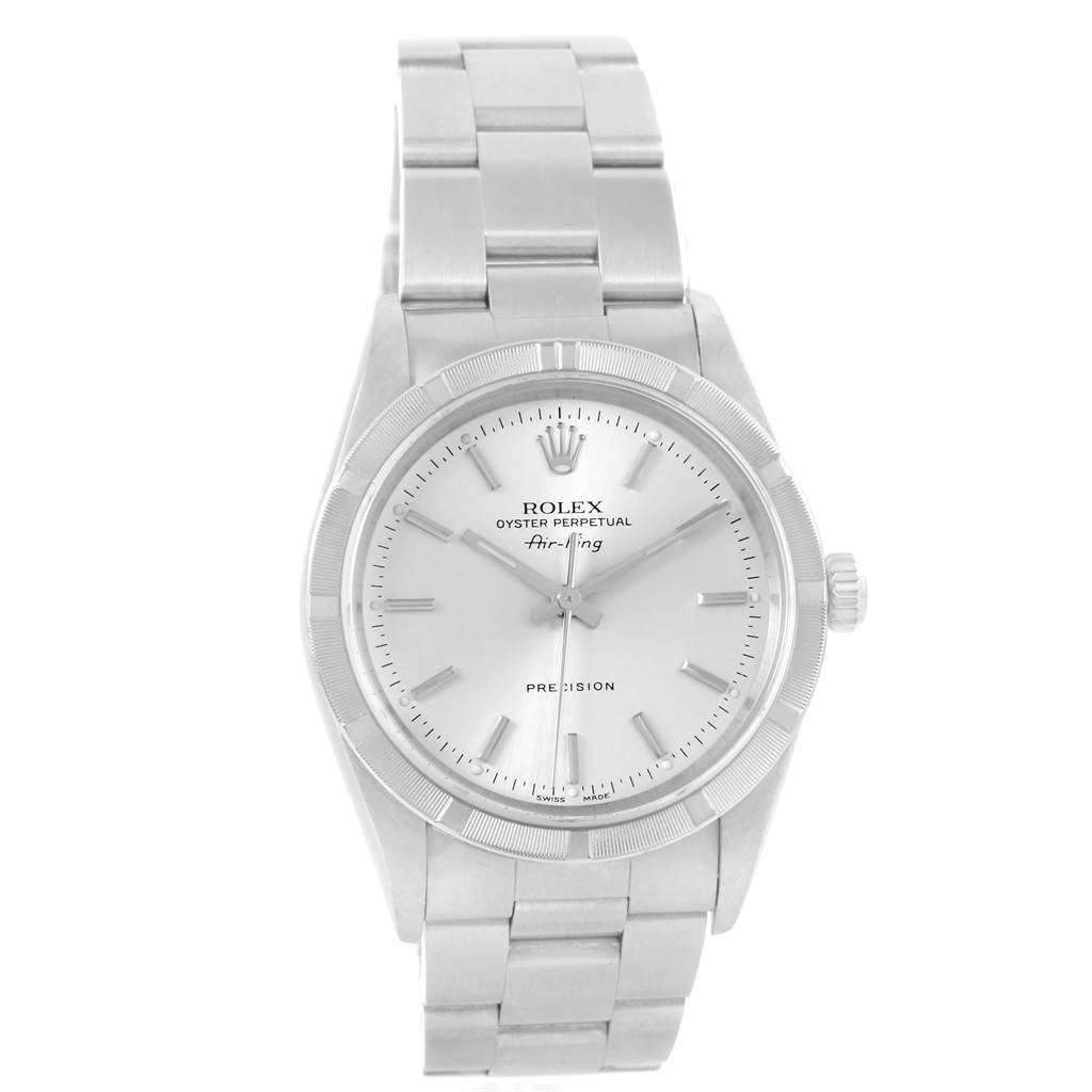 This image shows a front view of the Rolex Air-King 14010 Men's Stainless Steel Silver Dial 14010 Men's Stainless Steel Silver Dial, displaying its dial, hands, bezel, and bracelet.