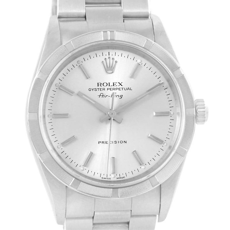 This image shows the face and part of the bracelet of a Rolex Air-King 14010 Men's Stainless Steel Silver Dial 14010 Men's Stainless Steel Silver Dial watch at a front-on angle.